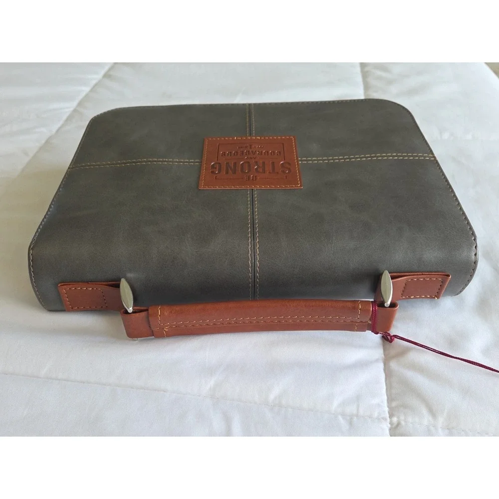 Men's Bible Cover - Be Strong and Courageous, Gray Faux Leather
